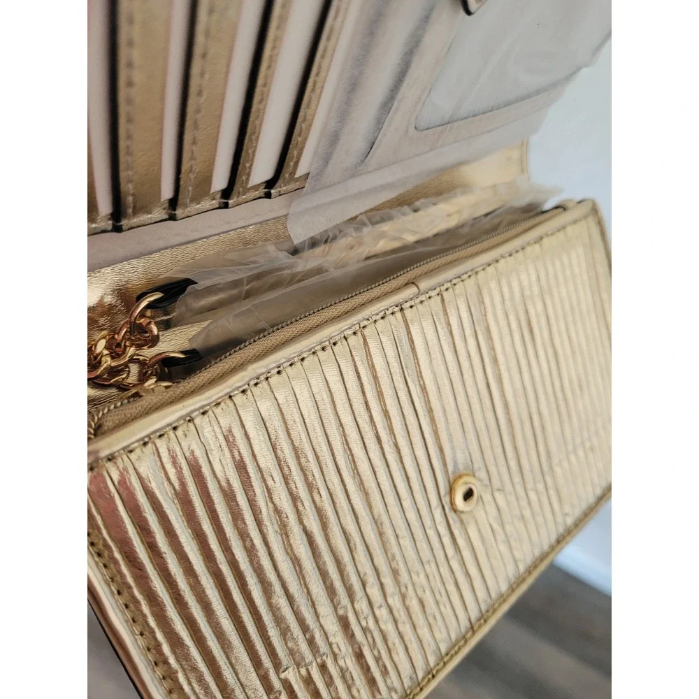 Victoria's Secret Gold Metallic Pleated Wallet VS Logo Snap Organizer Clutch #8 - Picture 5 of 5